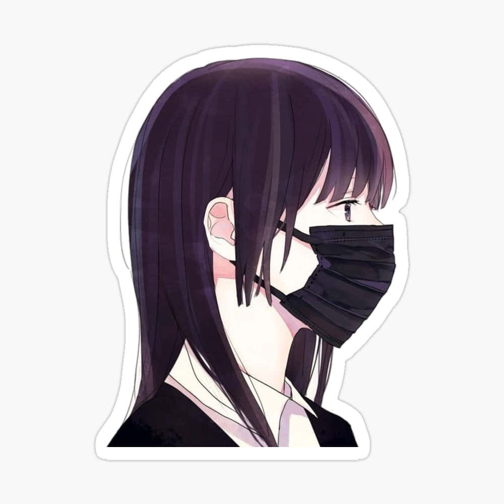 黑髮戴黑色口罩的動漫女孩側面。