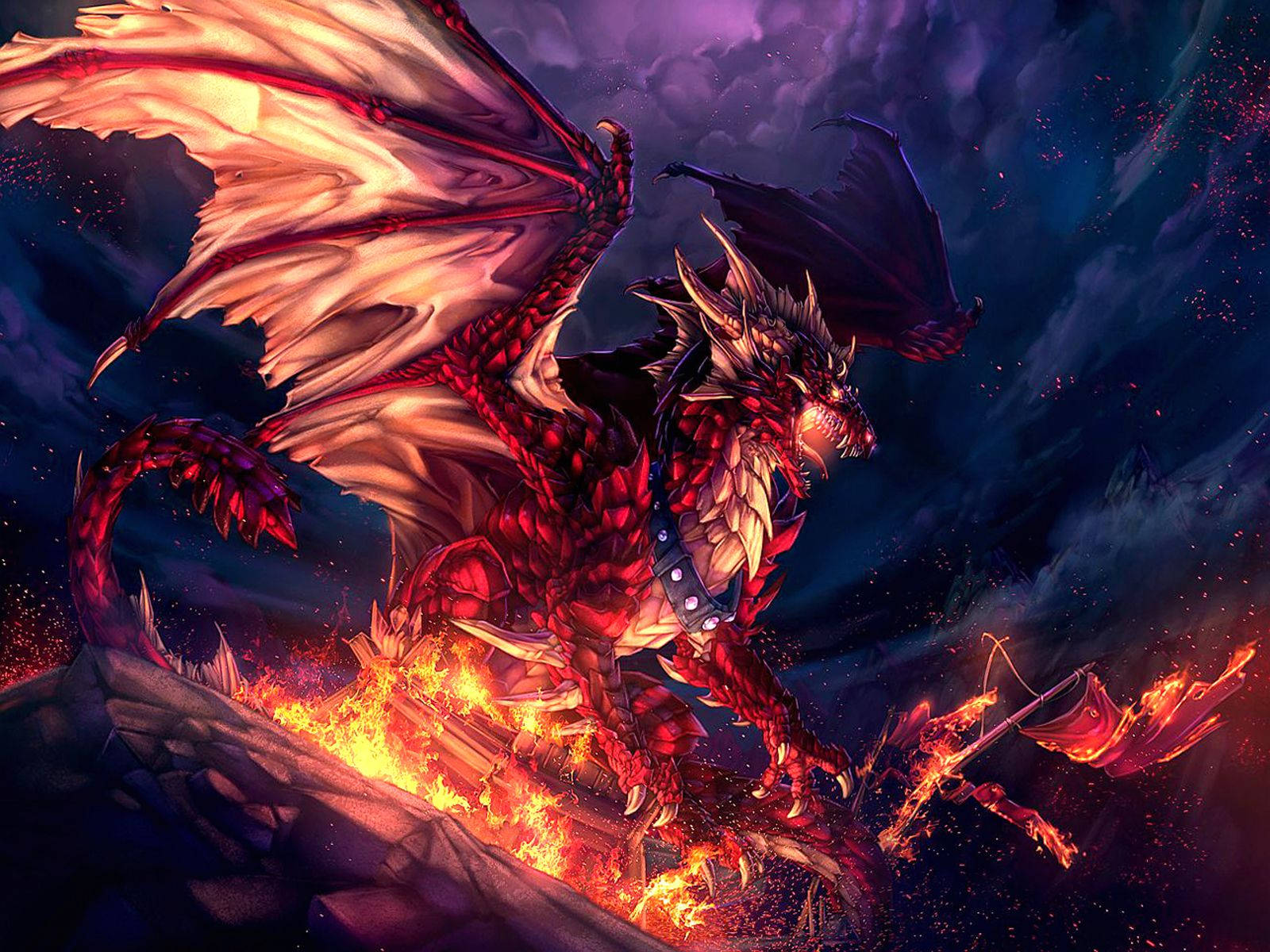 一條帶有發光翅膀的紅龍站在暴風雨天空下燃燒的懸崖上。