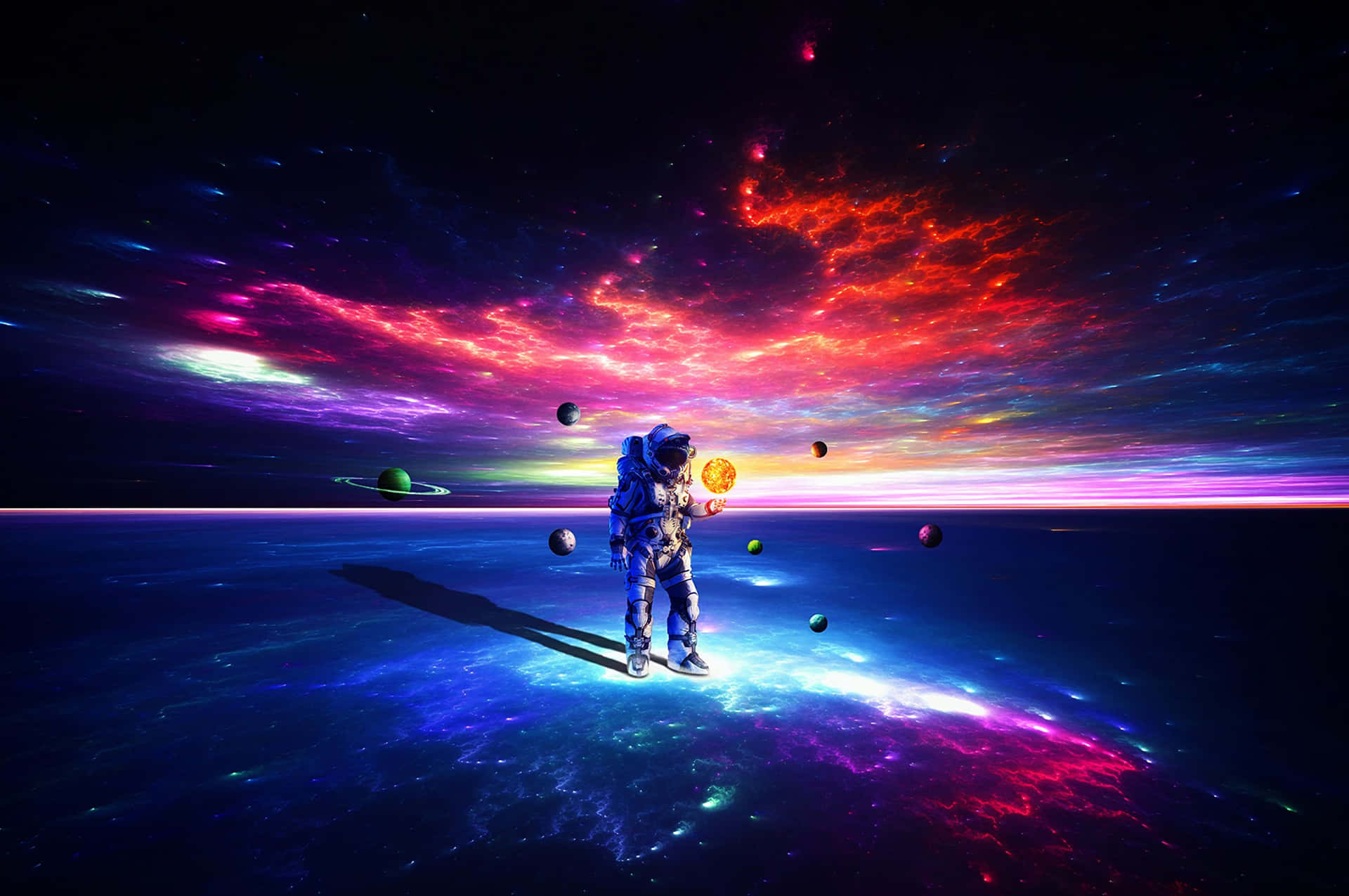 太空人在色彩繽紛的星雲天空下的宇宙行星上手持發光球體。