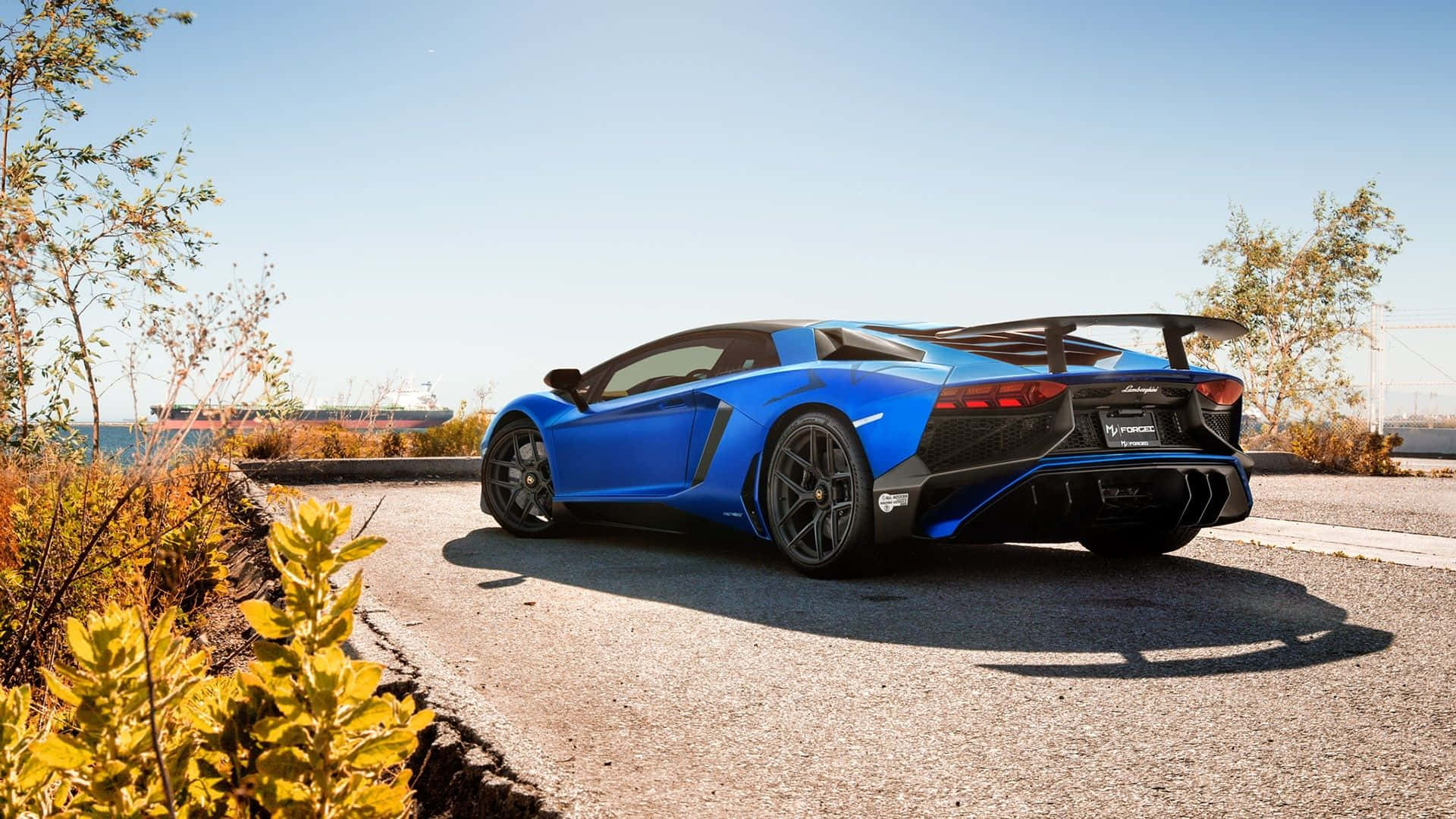 藍色林寶堅尼 Aventador SVJ 停泊在沿海道路上，周圍有金色的樹葉和晴朗的天空。