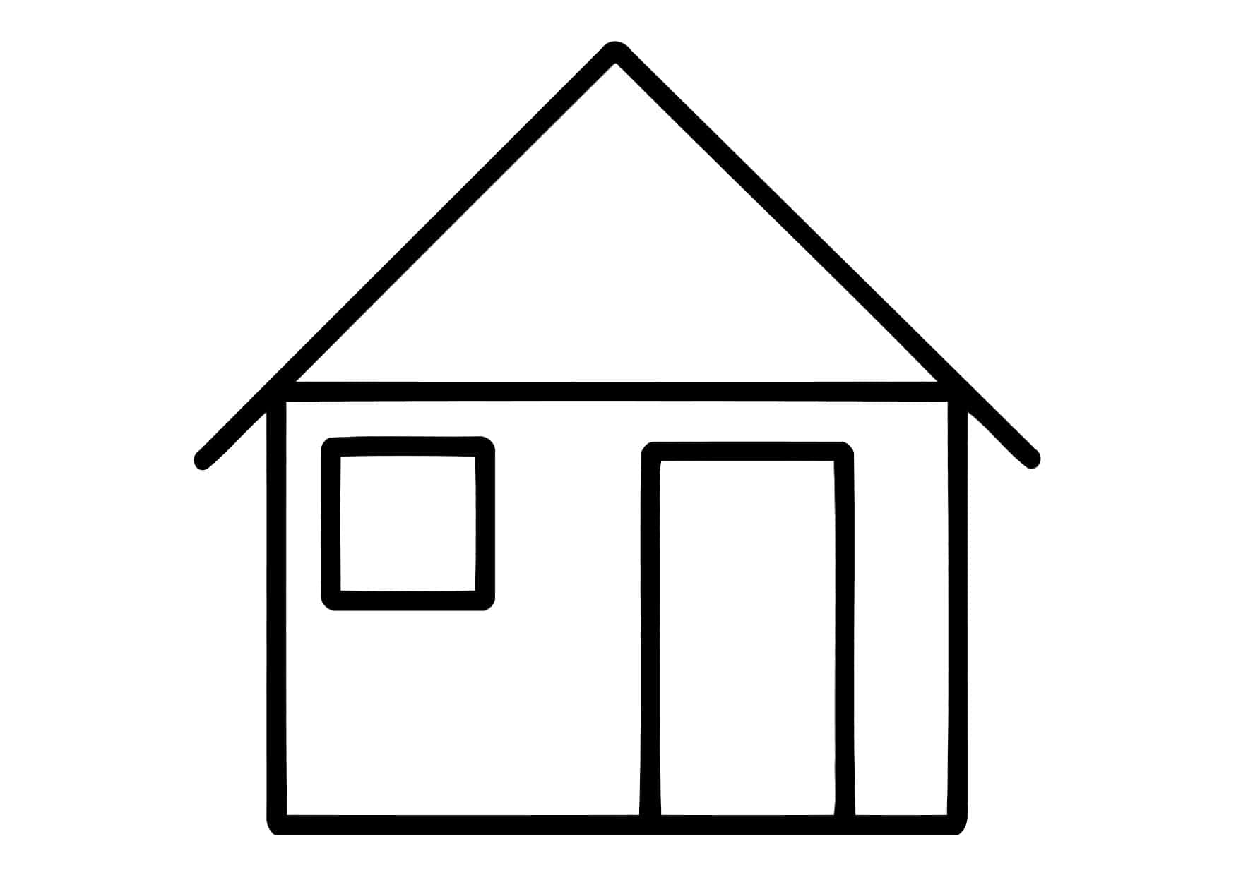 房屋塗鴉圖 壁紙 — 白色背景上，一間擁有三角形屋頂、正方形窗戶和長方形門的房子的極簡黑色輪廓。