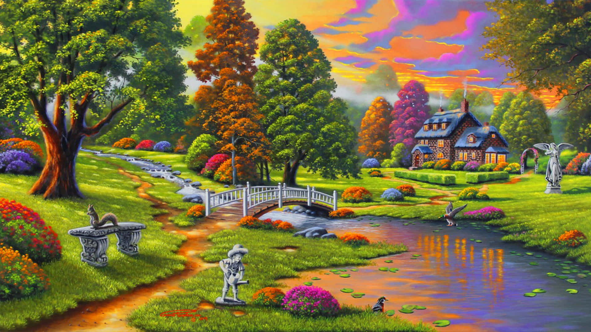 一座風景如畫的小屋，坐落在色彩繽紛的花園中，日落時分河上有一座橋。