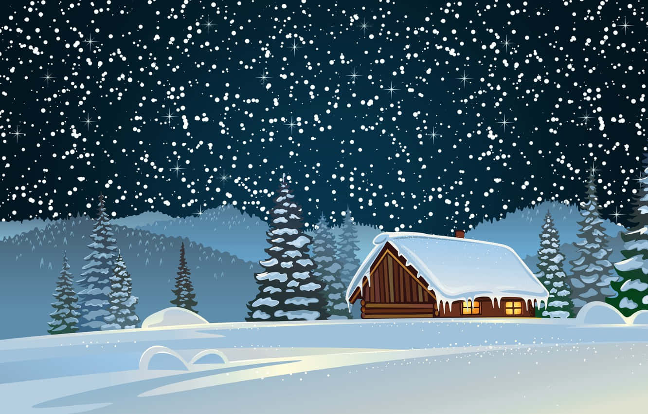 被雪覆蓋的小屋，在冬夜的星空下散發溫暖的燈光。