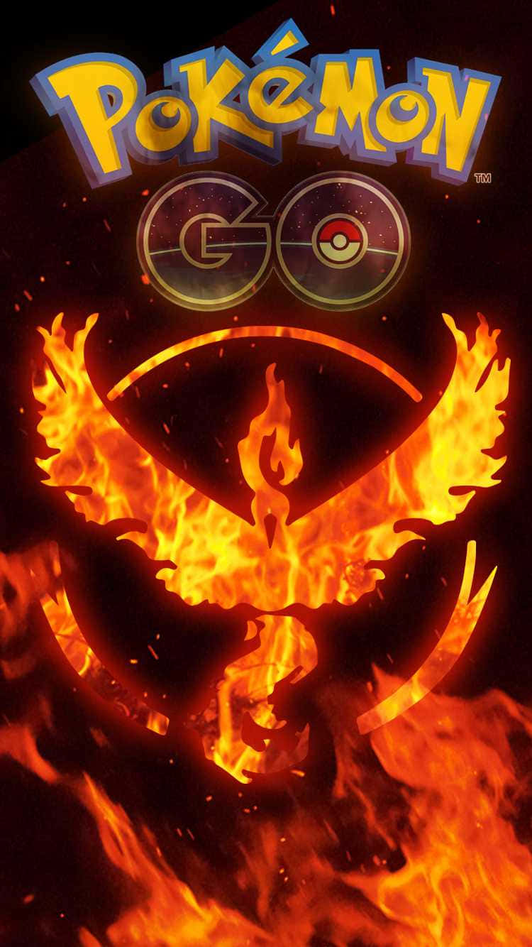 所有 mega 演化寶可夢一圖盡覽！ 壁紙 — 在深色背景上，Pokemon GO 標誌下方的火焰中出現一個熾熱的噴火龍剪影。