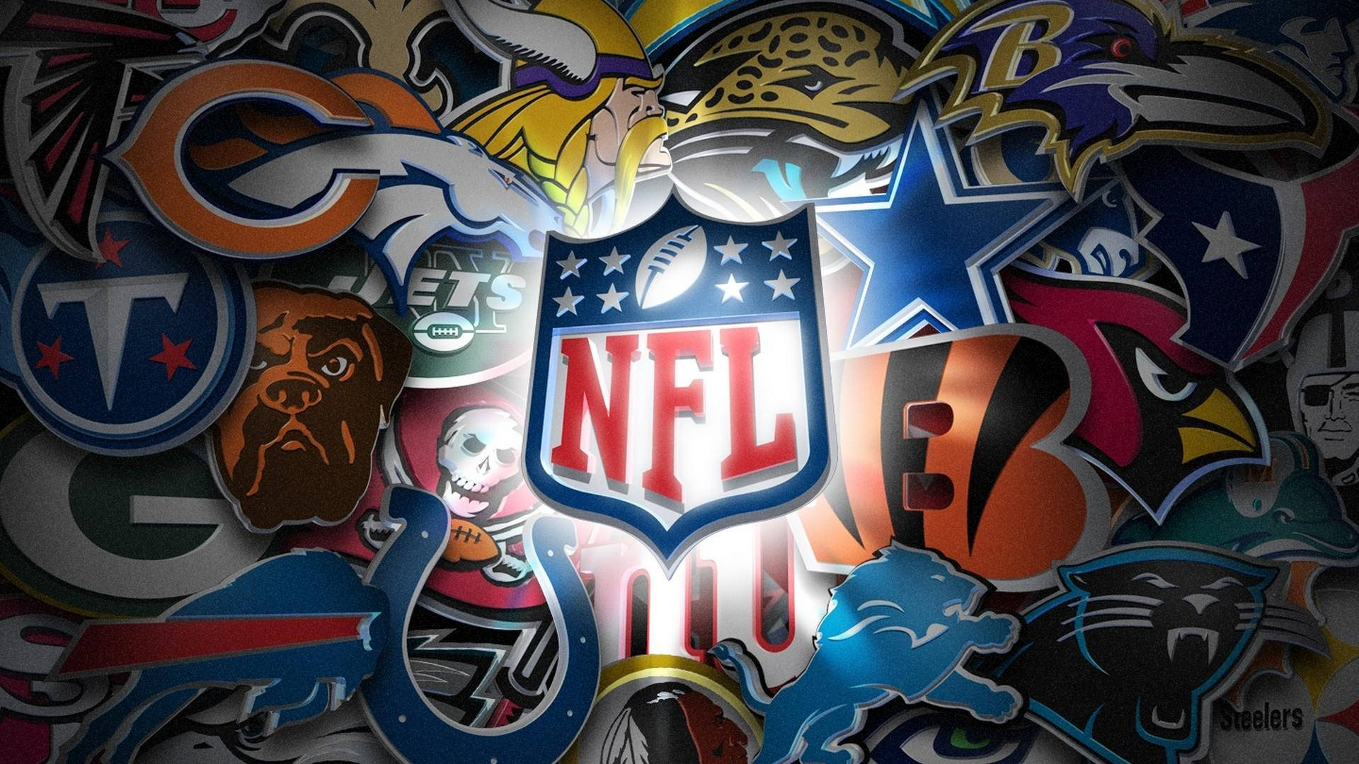 以鮮豔色彩密集排列的NFL球隊標誌和吉祥物集合。