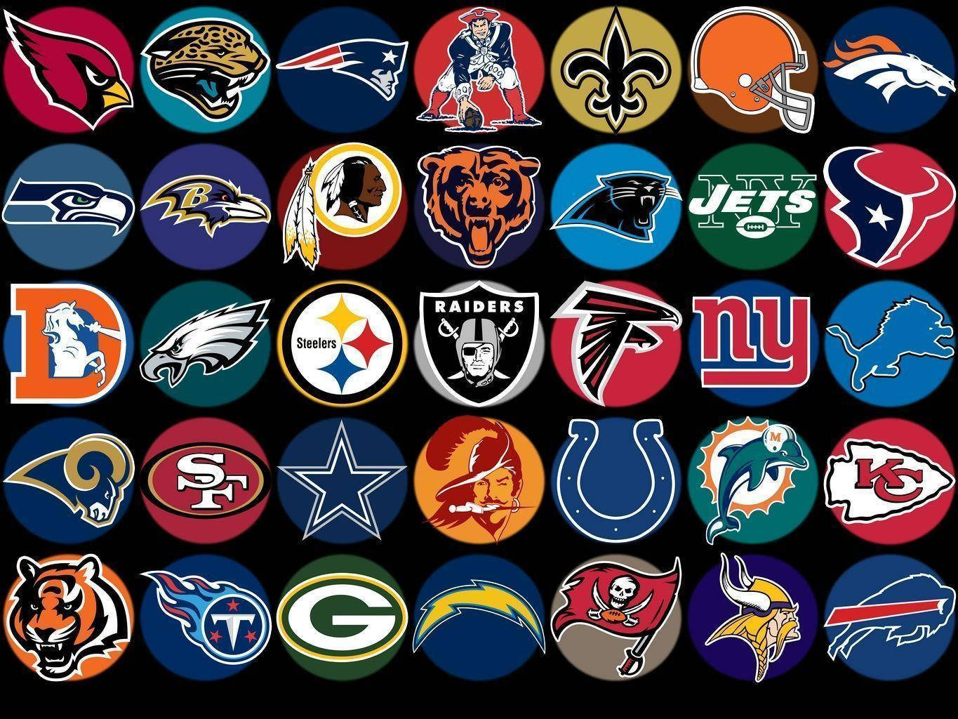 所有NFL球隊隊徽 壁紙 — 在純黑色背景上排列著充滿活力的NFL球隊標誌網格。