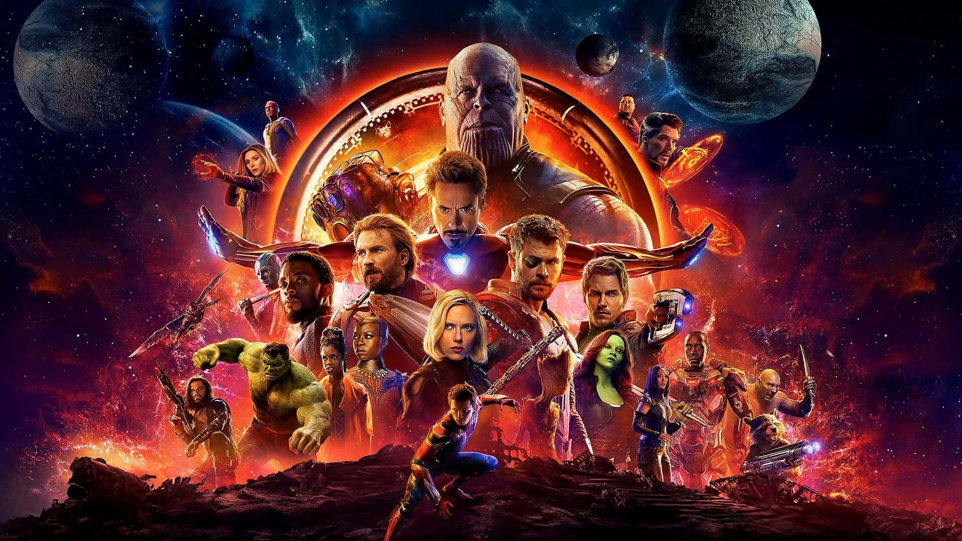 所有復仇者聯手對抗他們最強大的敵人：Thanos 壁紙 — 一場宇宙戰鬥場景，以漫威超級英雄和反派為特色，背景是熾熱星雲和漂浮行星。