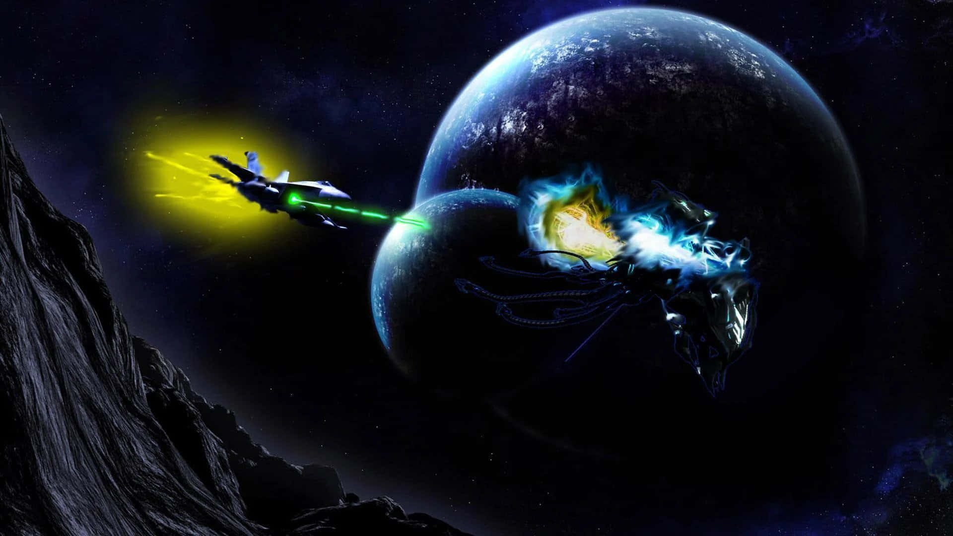 未來戰機在黑暗行星附近向飛碟發射激光。