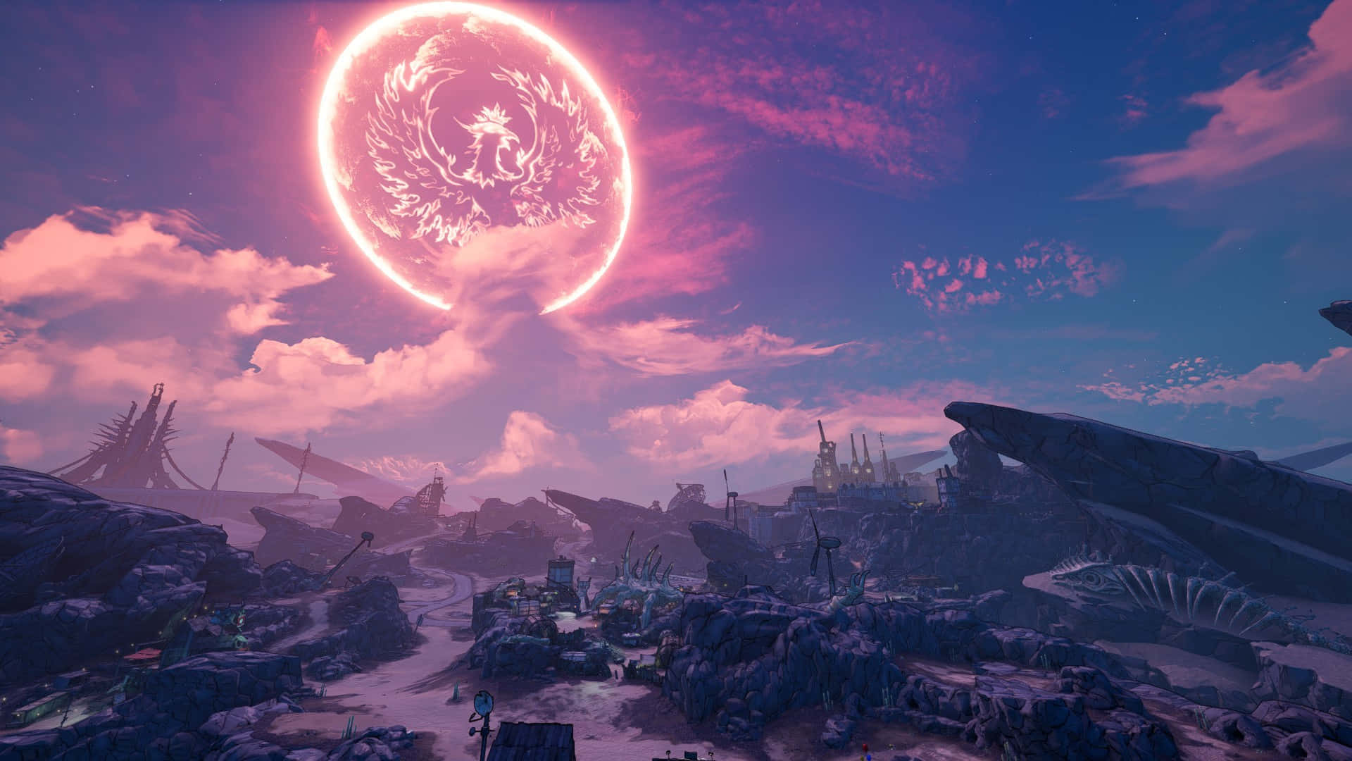 扁平太陽 1920x1080《邊境之地3》背景 壁紙 — 一個超現實的外星景觀，在發光的粉紅色環狀月亮下，帶有鳳凰標誌，周圍環繞著參差不齊的廢墟和漂浮的碎片。