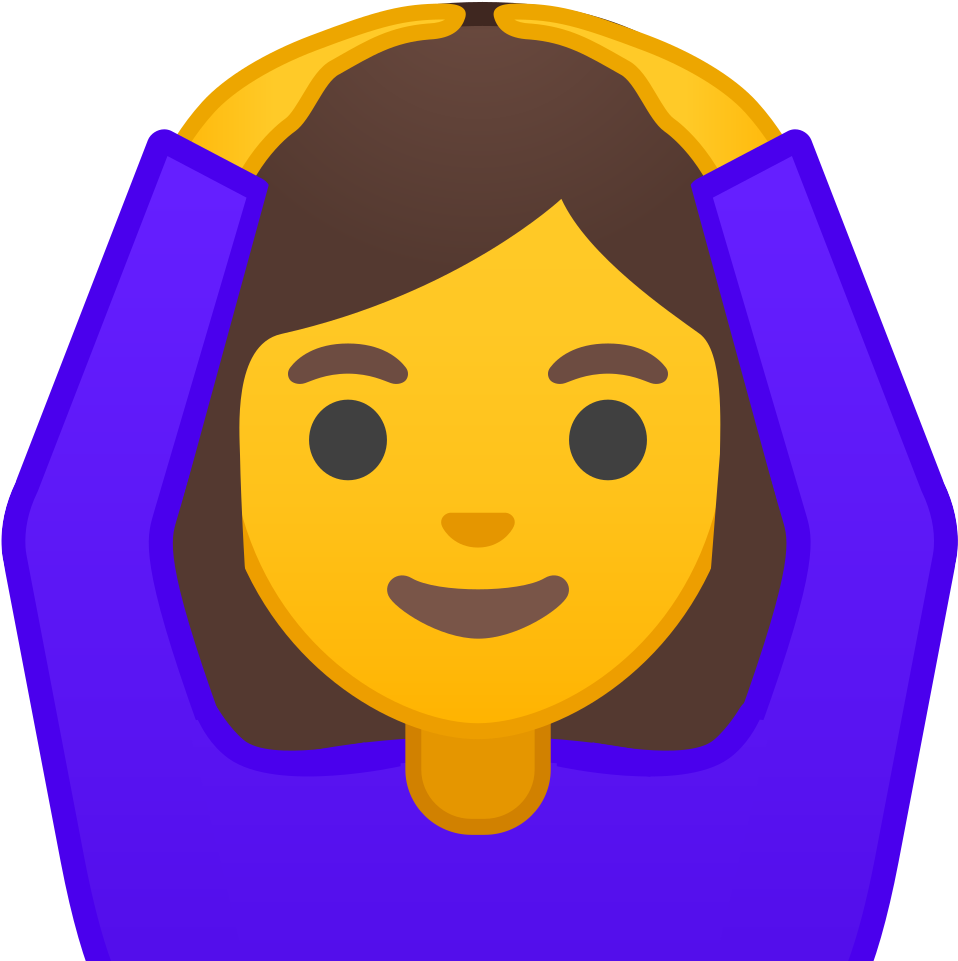 手で頭を押さえる女の子の絵文字 壁紙 — 一個開心嘅emoji風格女人，啡色頭髮，紫色連帽衫，雙手放喺頭上微笑。