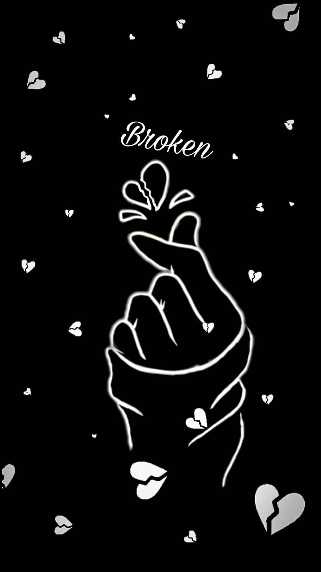 一隻發光的手做出心形手勢，周圍環繞著破碎的心和「broken」一詞。