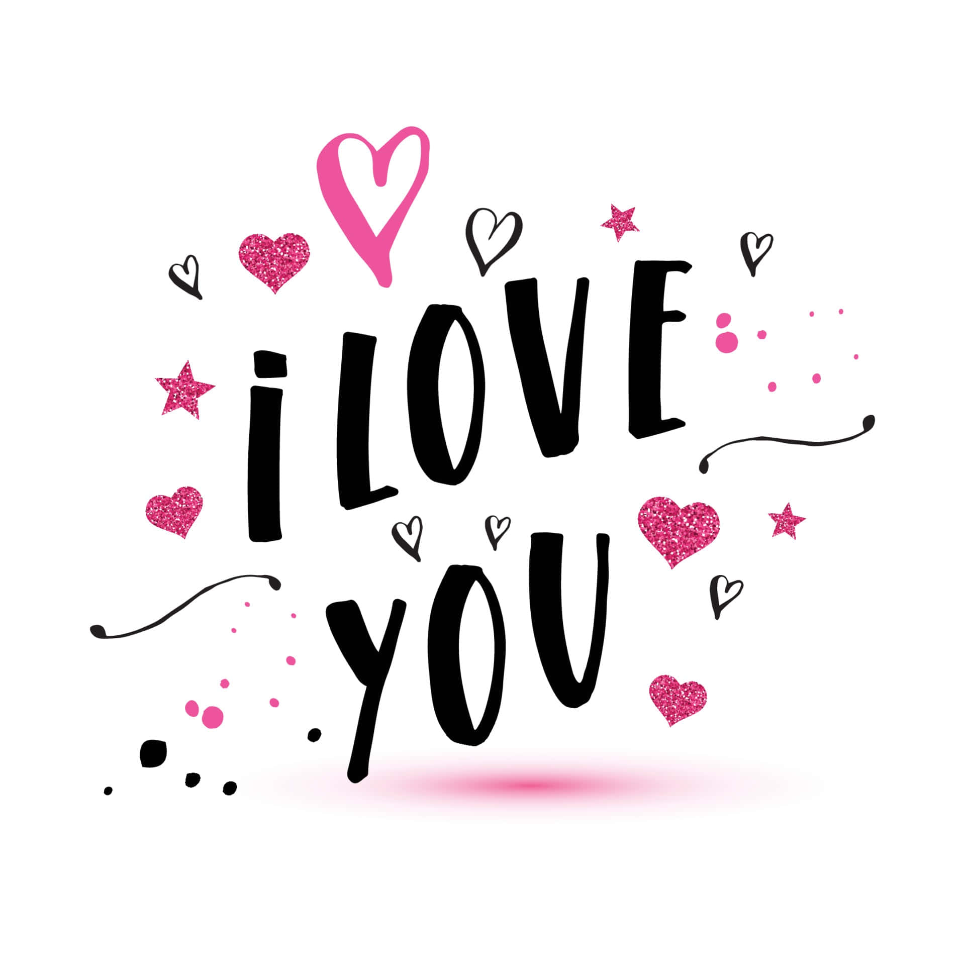 我愛你 桌布 壁紙 — 手寫的 i love you 文字，周圍環繞著粉紅色閃粉心形和星星，背景為白色。