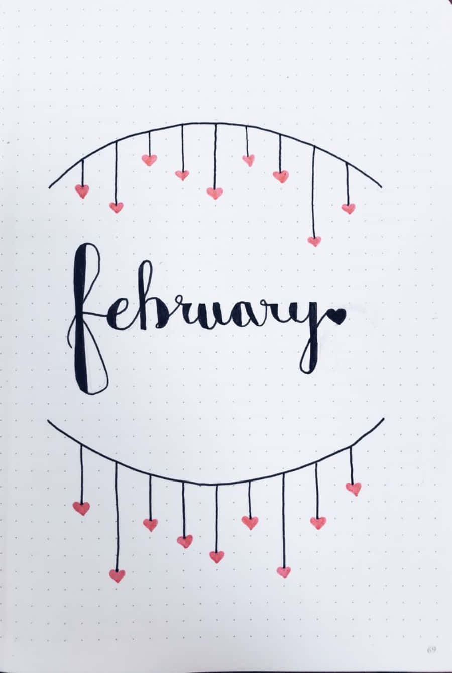 February iPhone 桌布 壁紙 — 手寫的二月以優雅字體呈現，周圍環繞粉紅色心形花環，位於點點紙上。