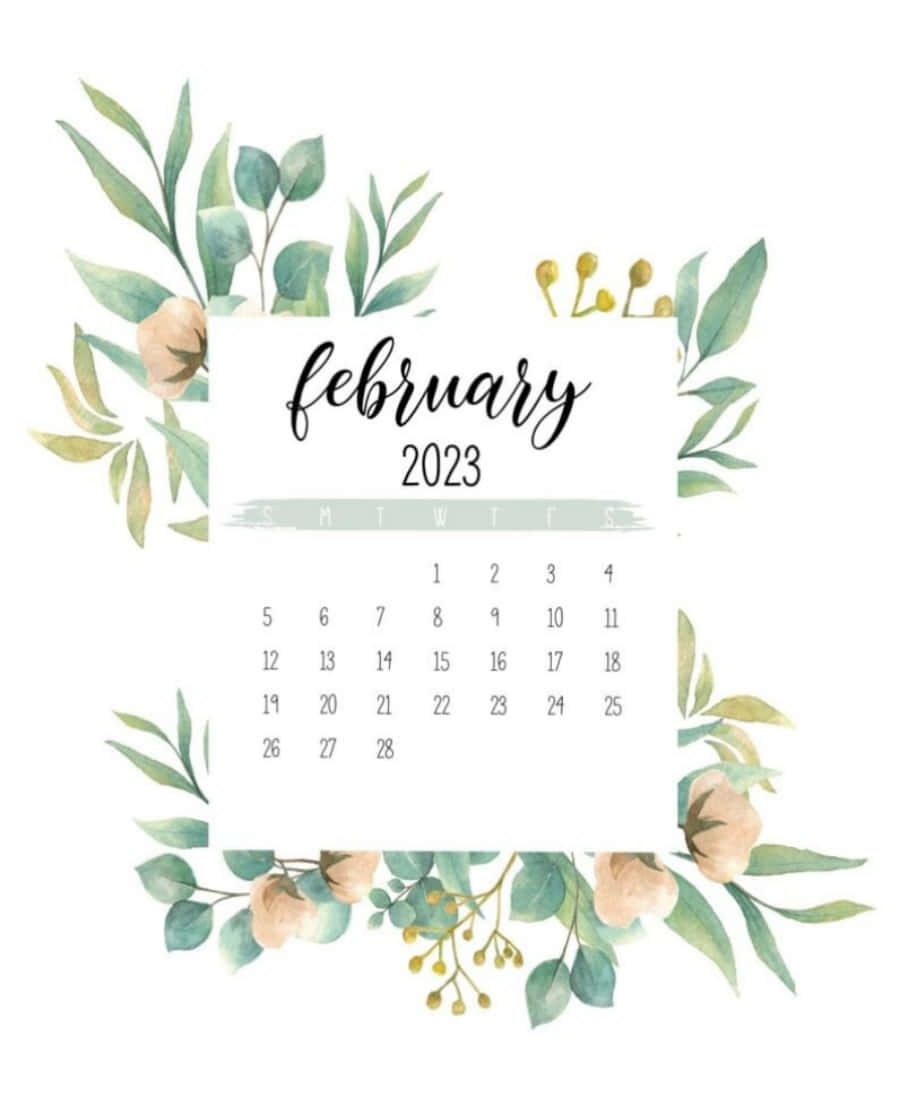2023年2月月曆，帶有花卉水彩邊框。