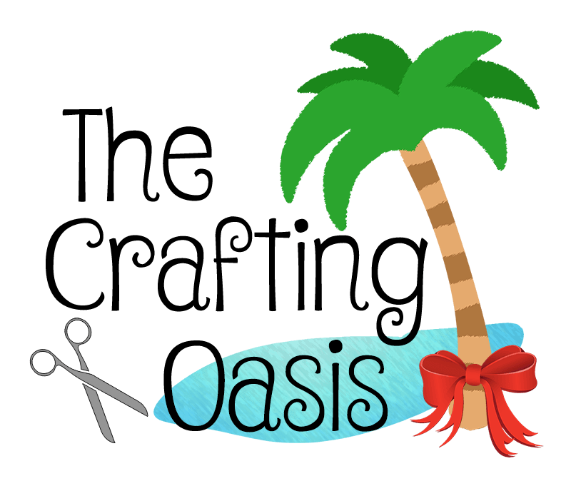 手工藝綠洲標誌 壁紙 — The Crafting Oasis 嘅歡樂標誌，特色係有棵棕櫚樹，樹上有紅色蝴蝶結同剪刀，背景係斑點圖案。