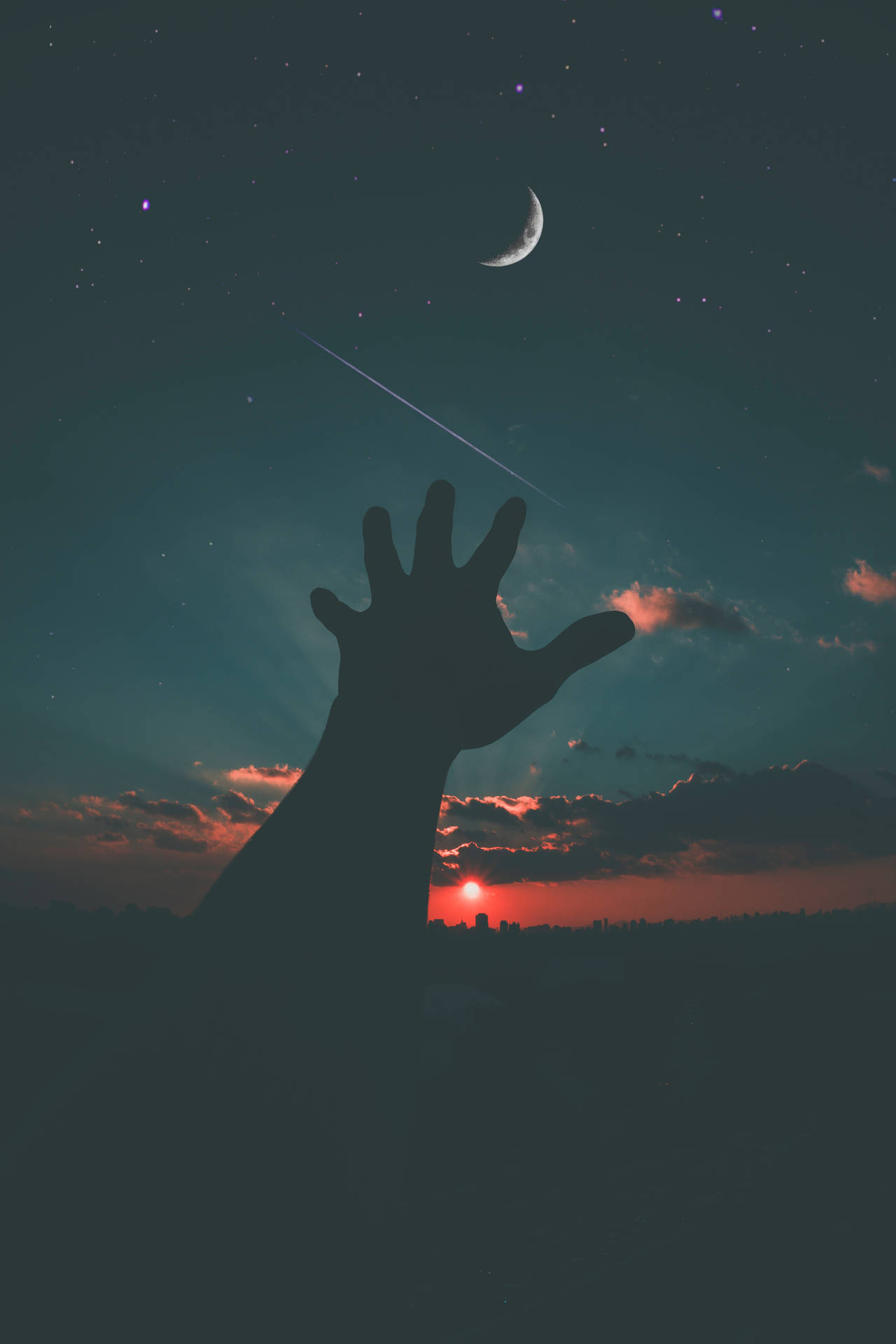 暮色中伸向新月和流星的手部剪影。