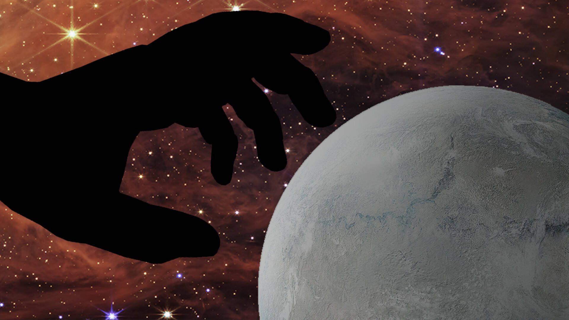 一隻手在佈滿星星的紅色天空中伸向月亮。