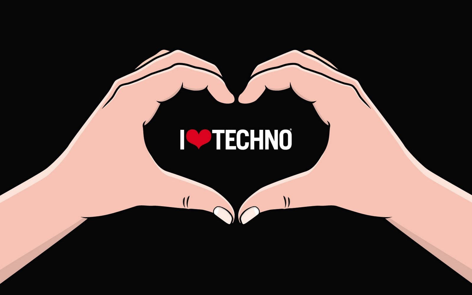 兩隻手形成一個心形，裡面有文字「I ❤️ TECHNO」。