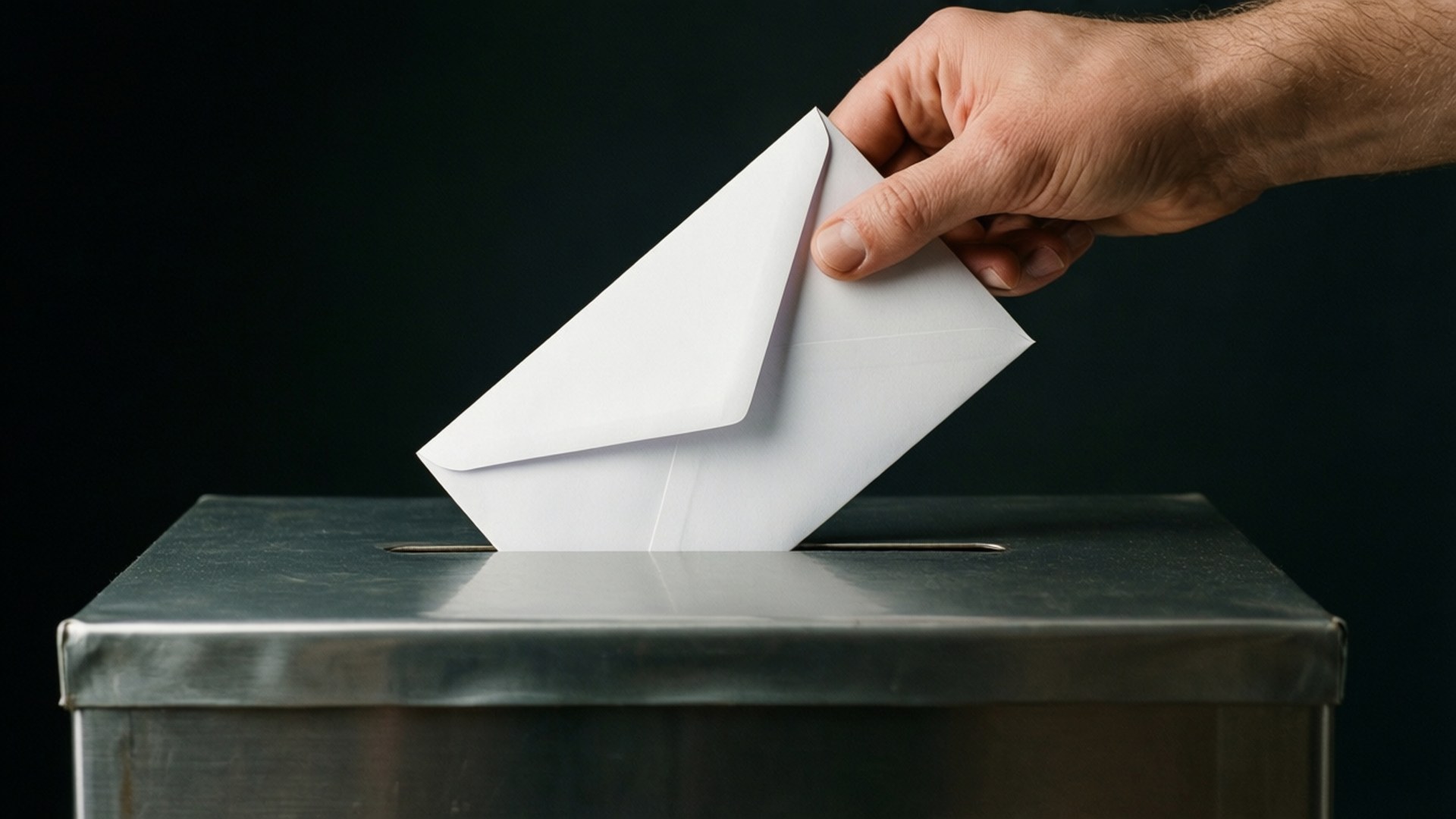 手投選票 壁紙 — 一隻手將白色信封放入金屬投票箱，背景為深色。