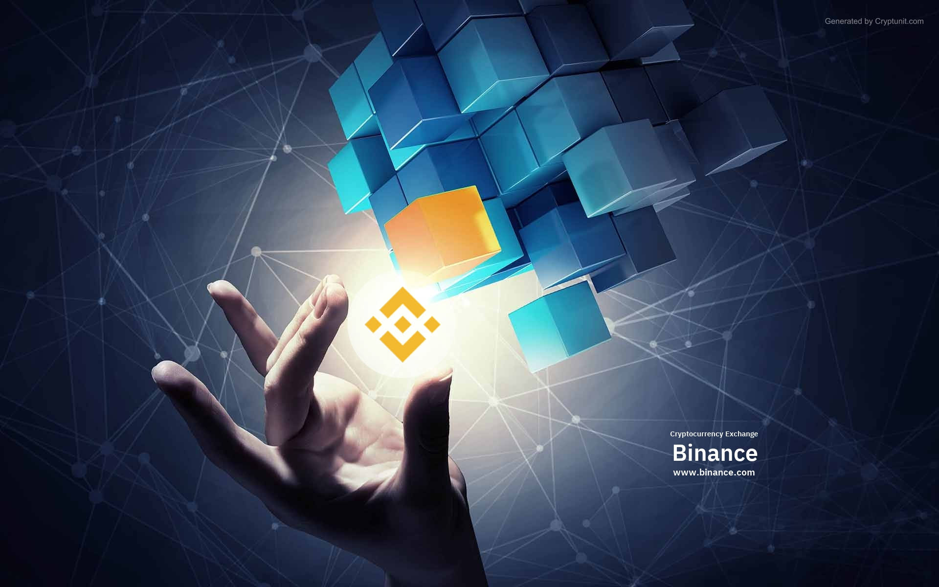 手持 Binance 加密貨幣 壁紙 — 一隻手伸向發光的Binance標誌，周圍環繞著漂浮的藍色立方體，背景是黑暗的網絡。