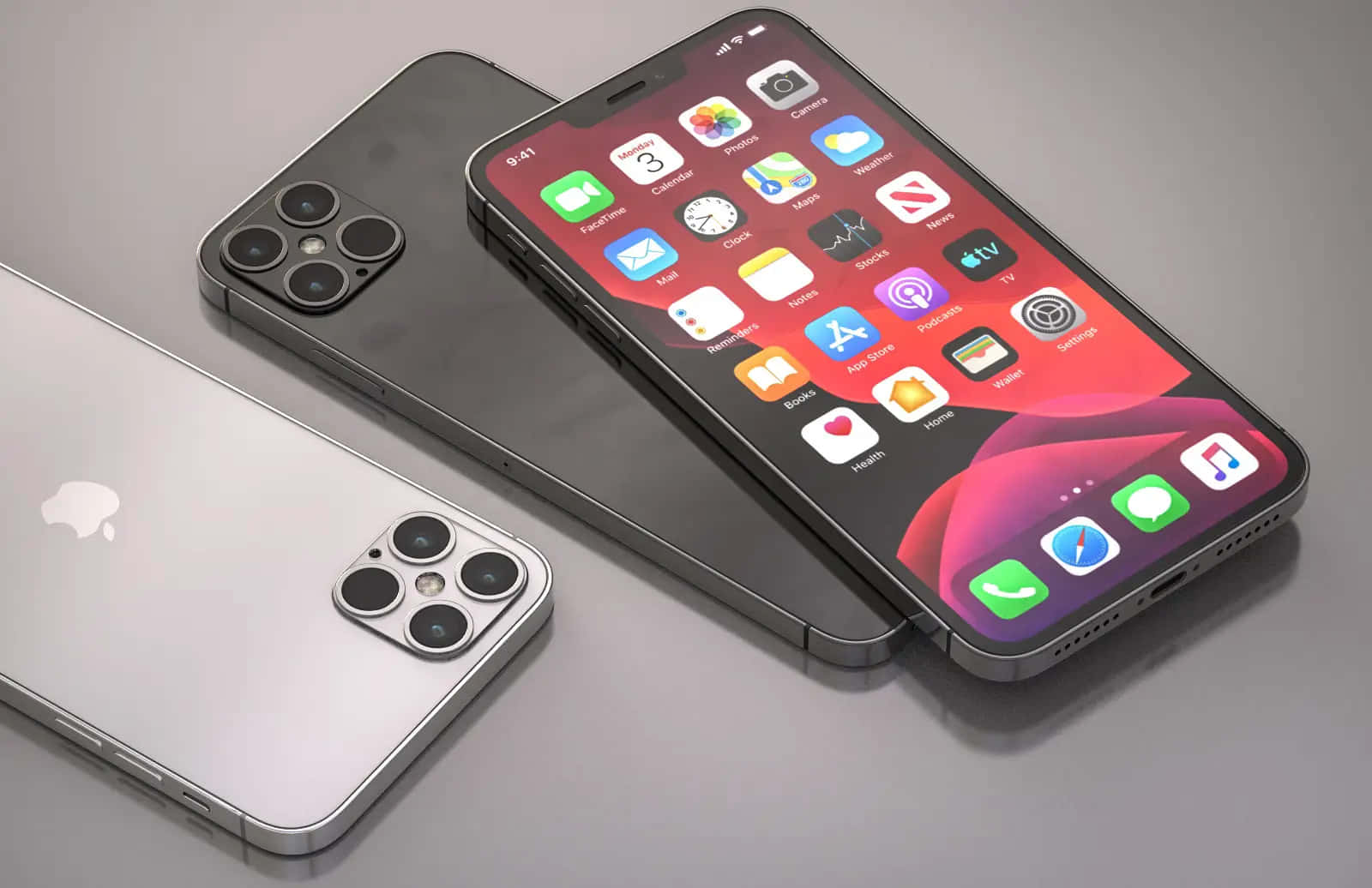 手持Apple手機，迎接每一天 壁紙 — 三款時尚現代智能手機，配備鮮豔屏幕和金屬質感，放置在簡約灰色表面上。