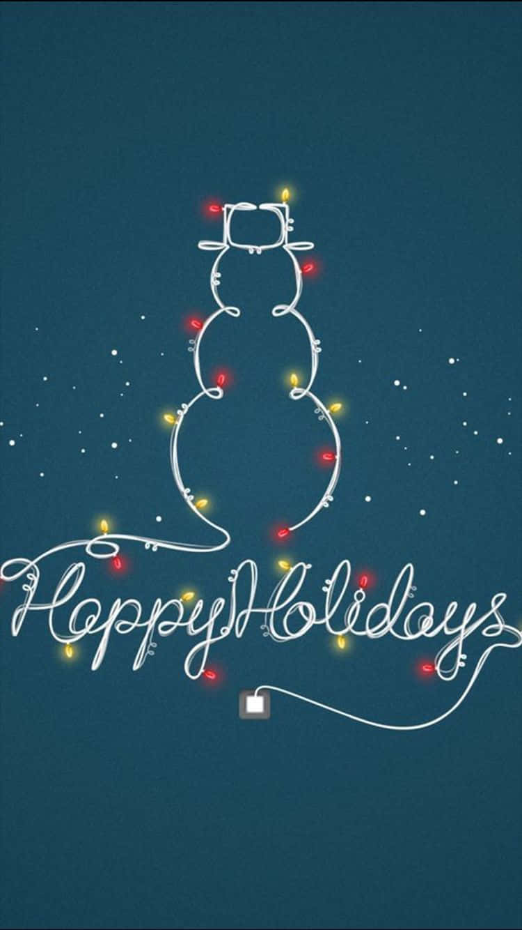 發光燈串在深藍綠色背景上形成雪人和「Happy Holidays」文字。