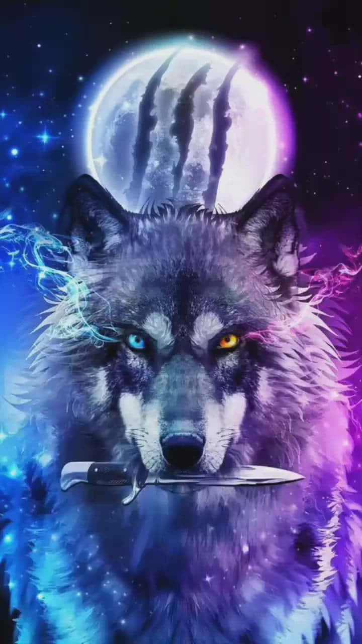 在太空中，帶爪痕的月亮下，一隻眼睛發光並持刀的狼。