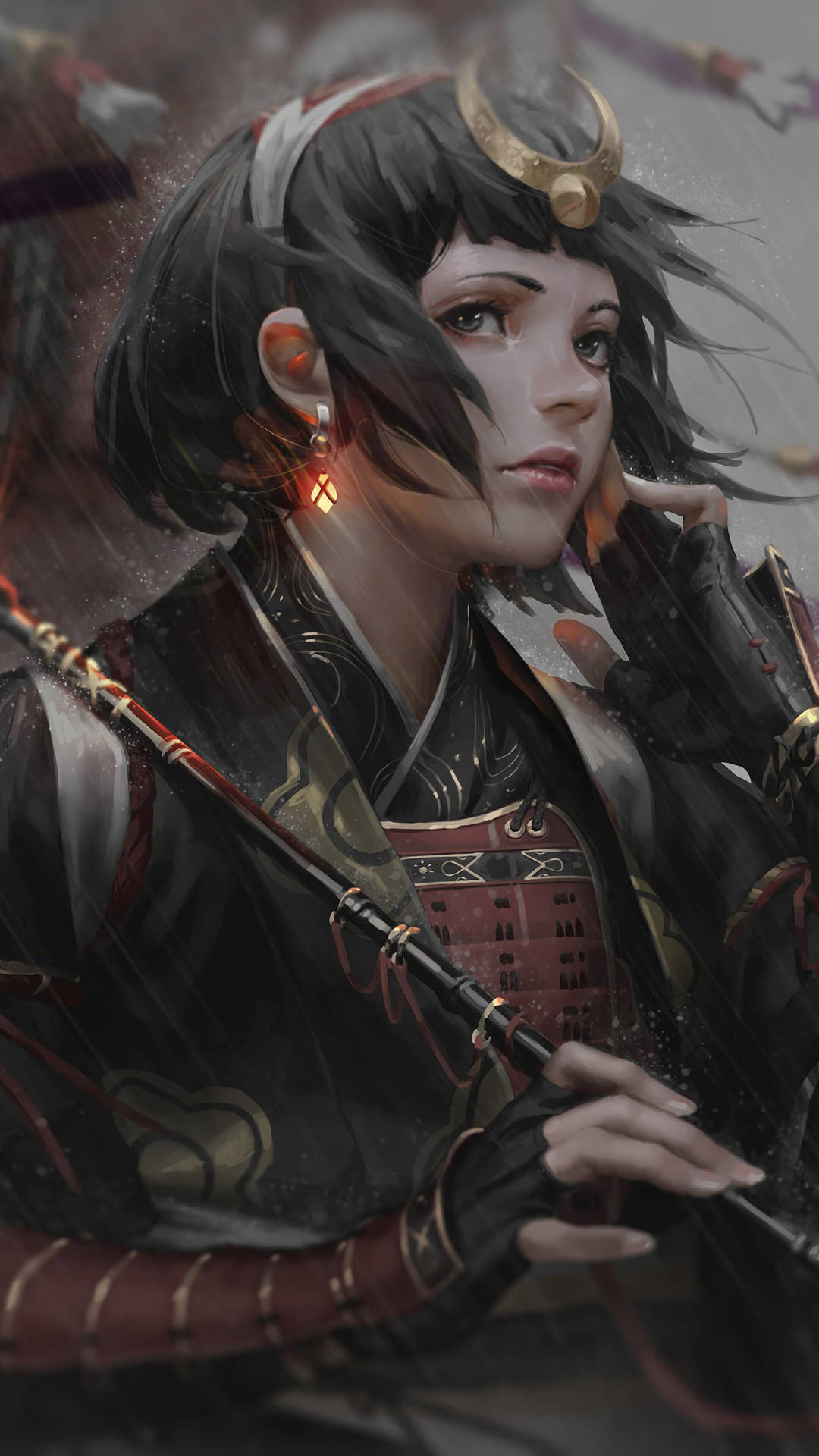 身穿黑色盔甲的武士戰士，在迷霧戰場上拿著弓。