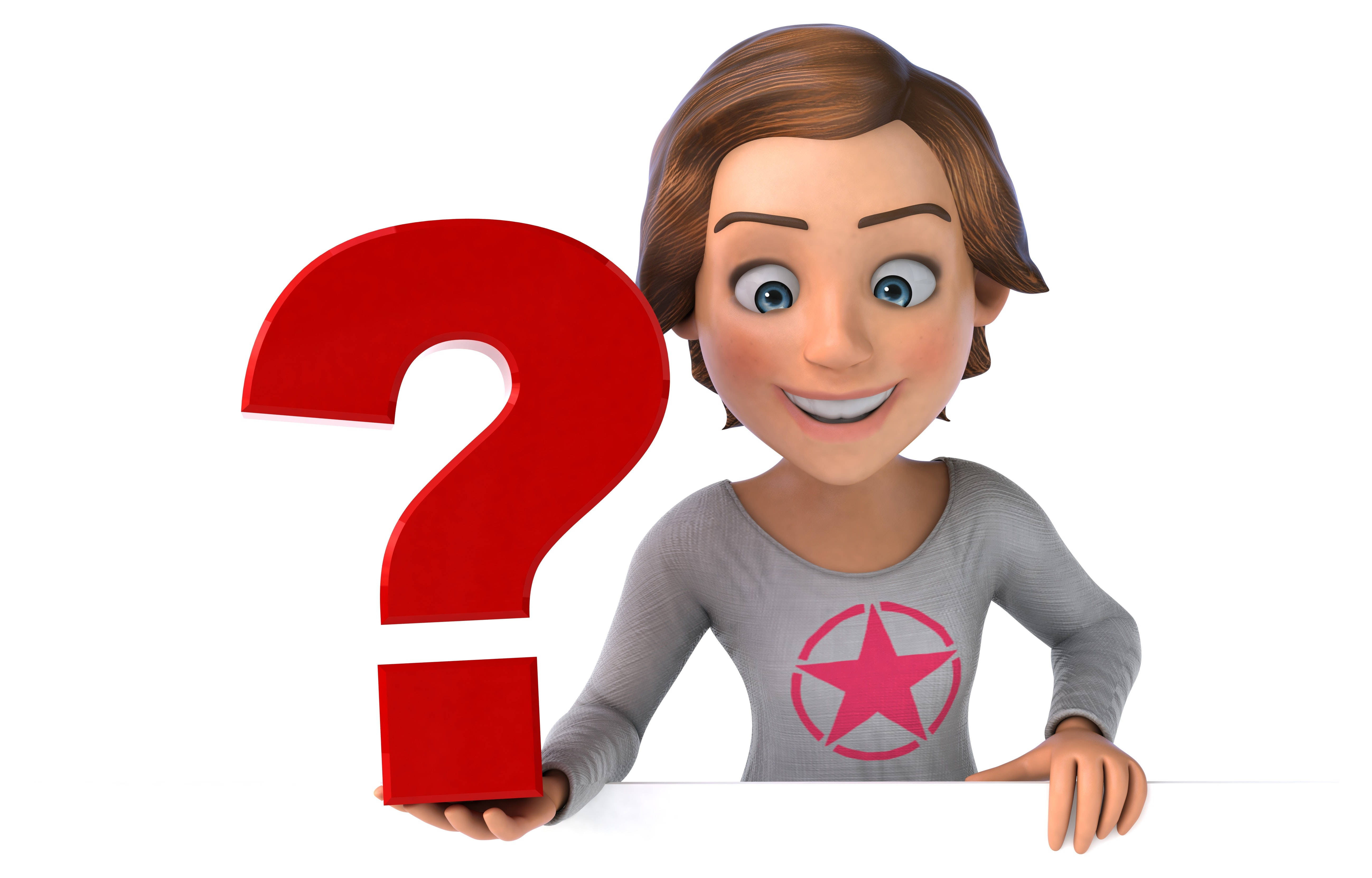 手持大問號的女性動畫桌面壁紙 壁紙 — 一個開心的3D渲染卡通女人，棕色頭髮，在白色背景前拿著一個大的紅色問號。