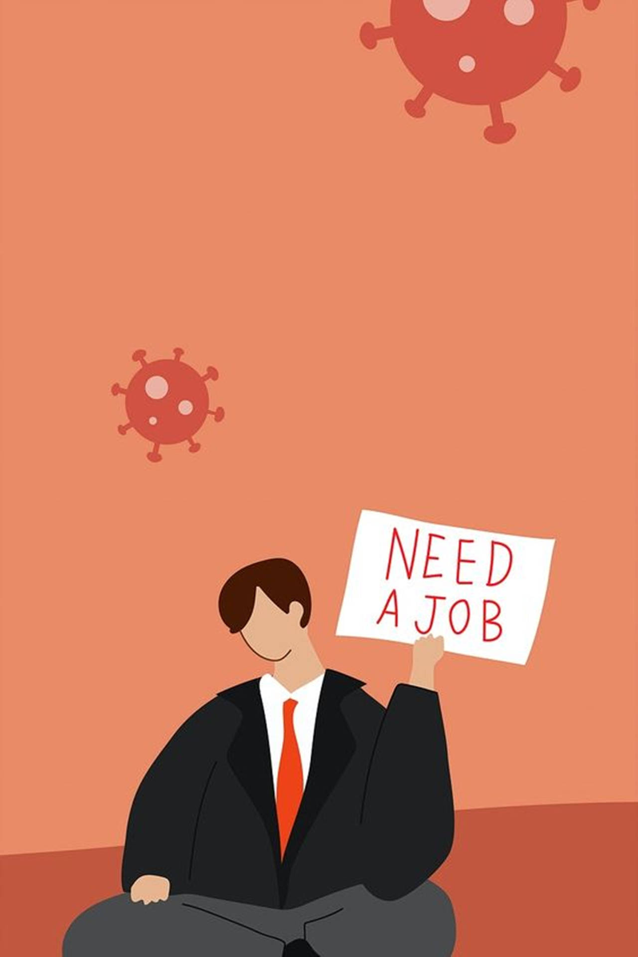 西裝男舉起「NEED A JOB」標語牌，病毒圖標漂浮在上方。