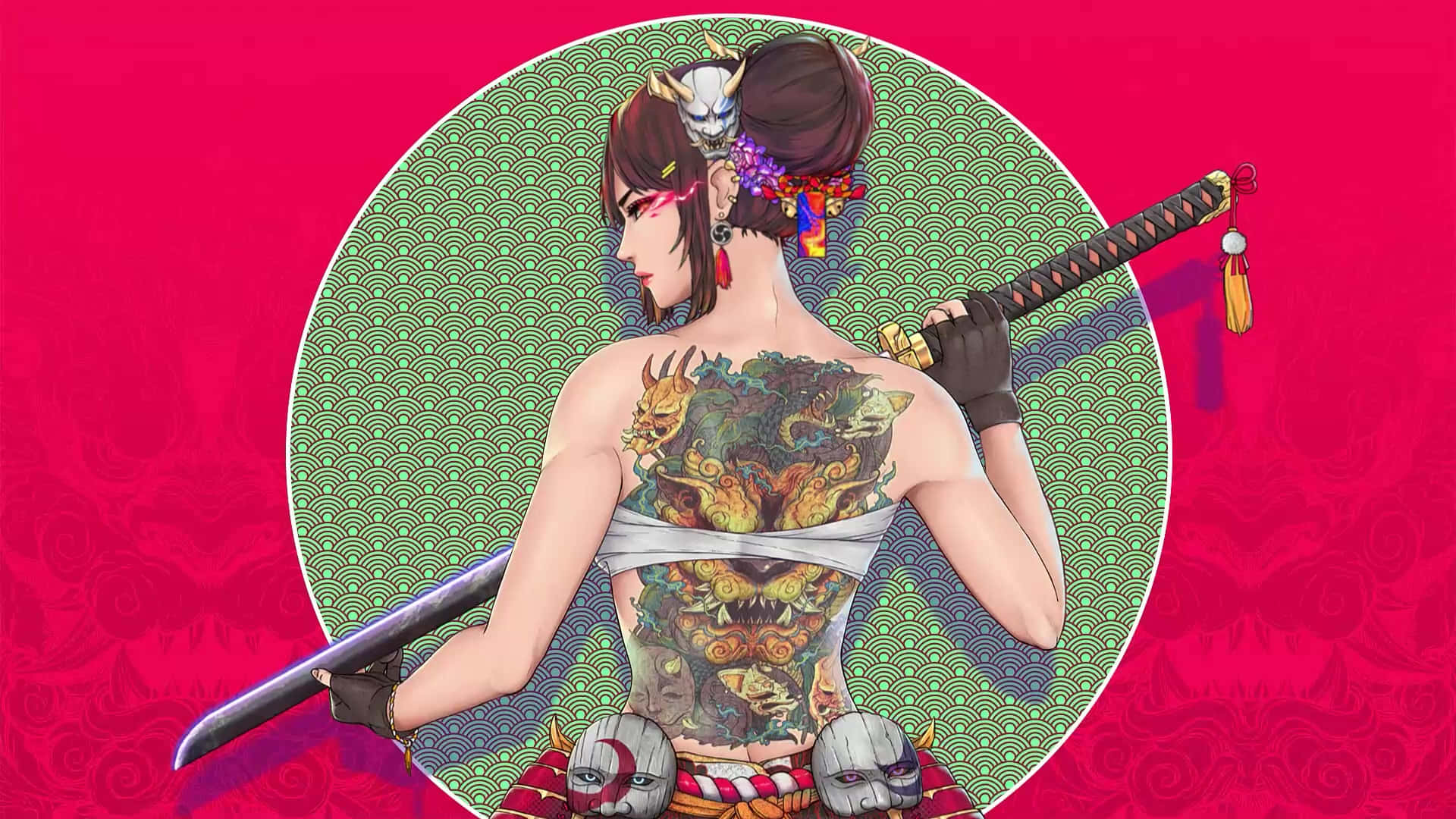 動漫女戰士帶有龍紋身，手持武士刀，背景為紅綠圖案。