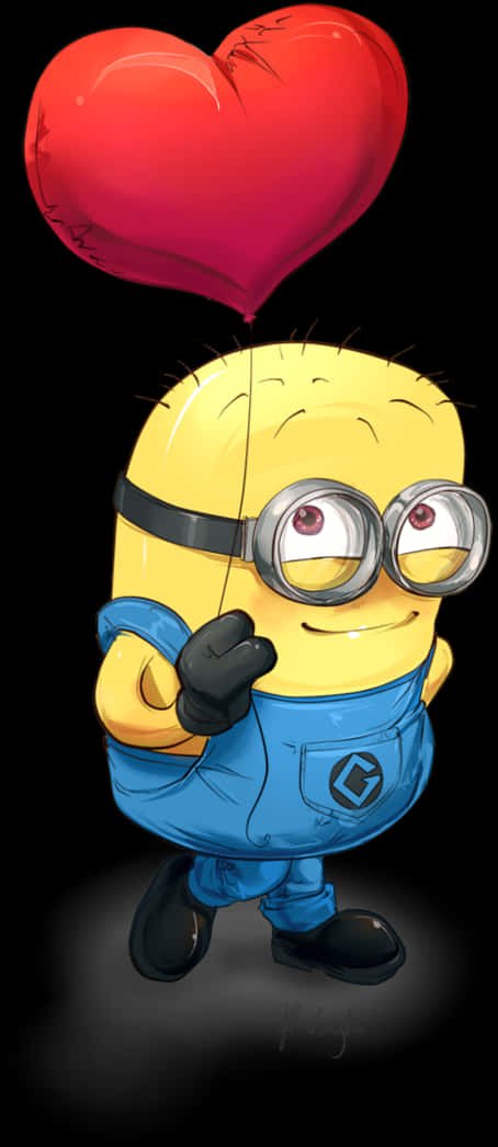 手持心形氣球的小黃人 壁紙 — 一個開心的黃色Minion在黑色背景及柔和聚光燈下拿著一個大的紅色心形氣球。