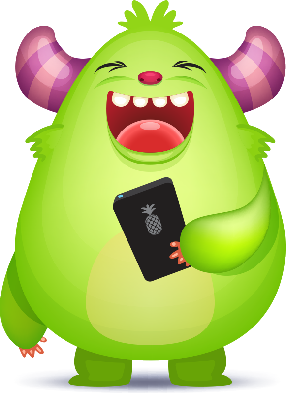 手持手機的笑鬧怪物 壁紙 — 一個快樂的綠色卡通怪物，有紫色角，笑著拿著一個帶有菠蘿手機殼的電話。