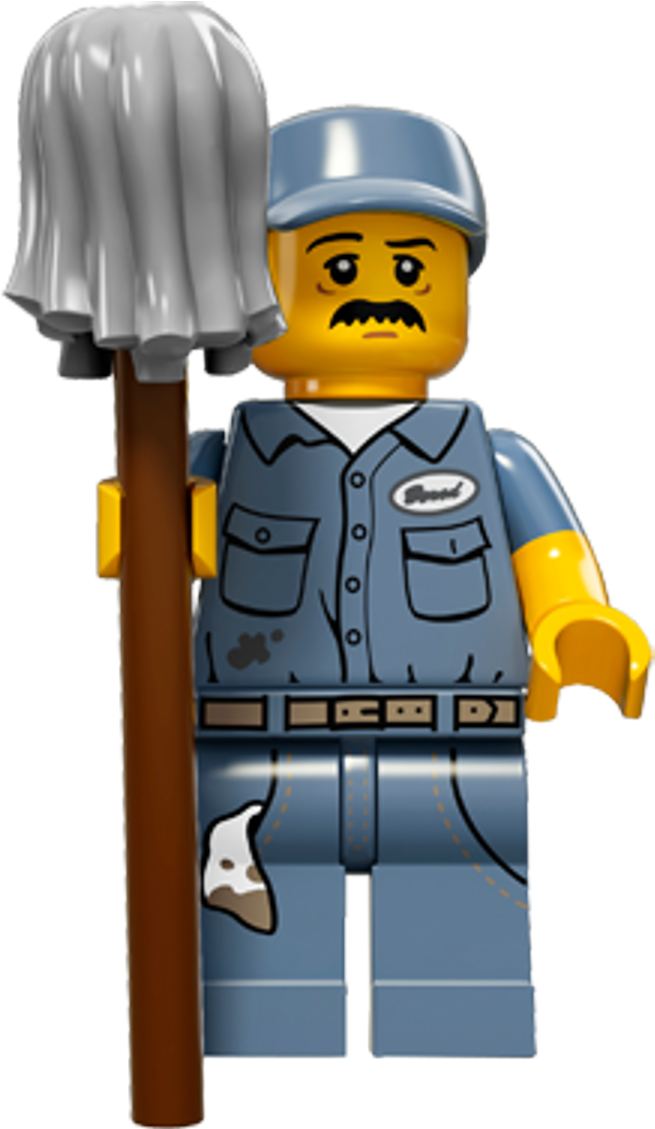 手持拖把的樂高清潔工 壁紙 — 一個留鬍子的LEGO清潔工迷你人偶在純色背景前拿著拖把。