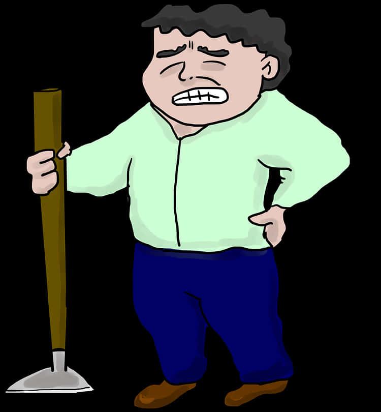 手持柺杖痛楚男子插畫 壁紙 — 一個卡通男人穿著淺綠色襯衫和藍色褲子，在黑色背景前拿著鏟子，表情痛苦。