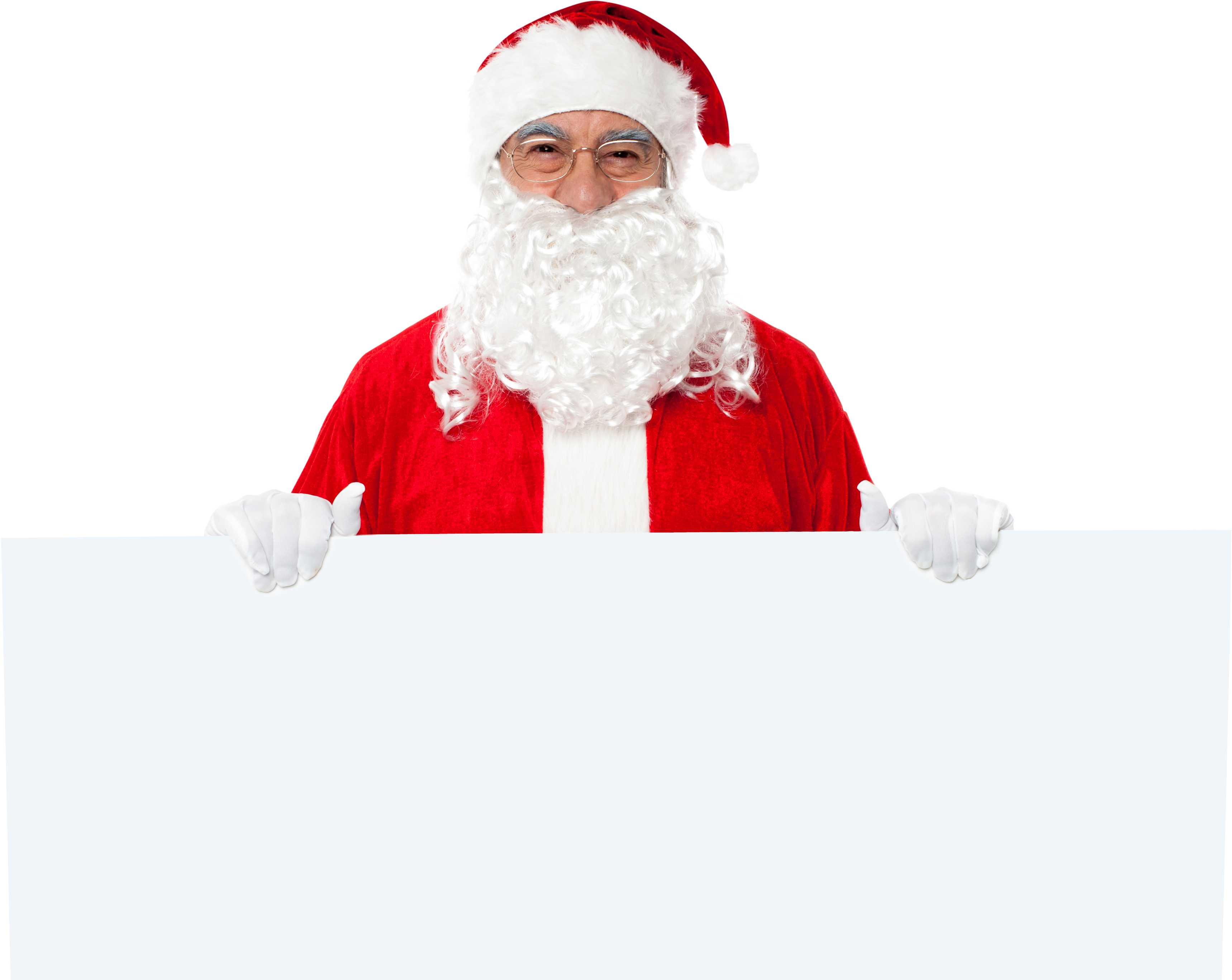 手持標語的聖誕老人 壁紙 — 一位快樂的老年男子穿著經典紅色聖誕老人服裝，白色鬍鬚和帽子，在黑色背景前拿著一個空白白色標牌。