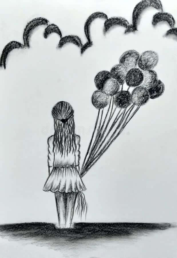 手持氣球的女孩素描畫 壁紙 — 一個長髮女孩站在多雲的天空下，手裡拿著一束氣球，以木炭素描風格呈現。