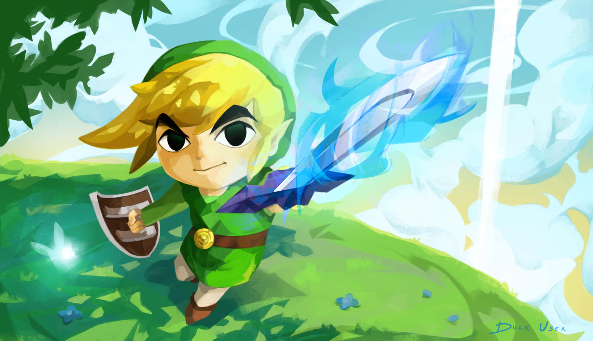 Chibi Link 喺陽光草地度拎住劍同盾牌奔跑。 — 薩爾達傳說 壁紙