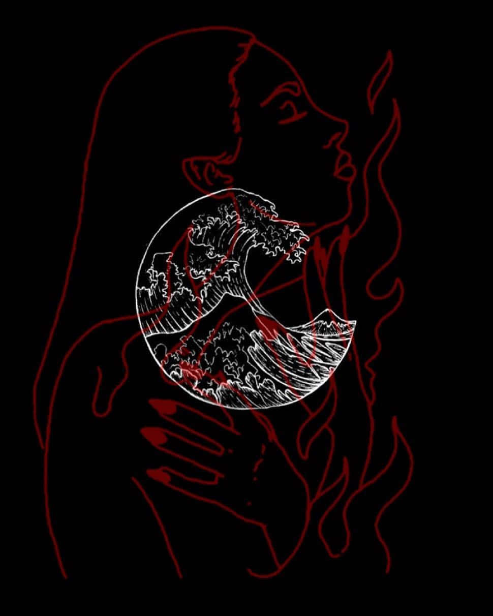 紅色輪廓的女性在黑色背景上拿著白色波浪圖畫。