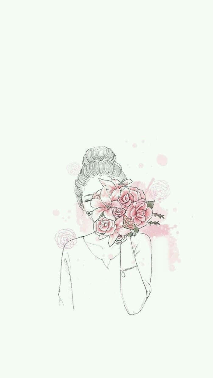 女性手持粉紅玫瑰遮住臉龐，以極簡素描風格呈現。