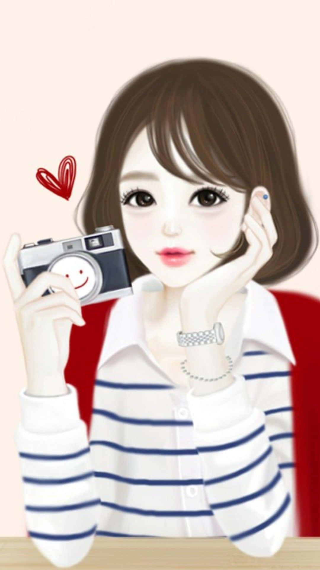 手持相機的動漫少女 壁紙 — 一個可愛的動漫女孩，棕色頭髮，手托下巴，拿著微笑的相機，背景是柔和的粉紅色和一個紅色心形。