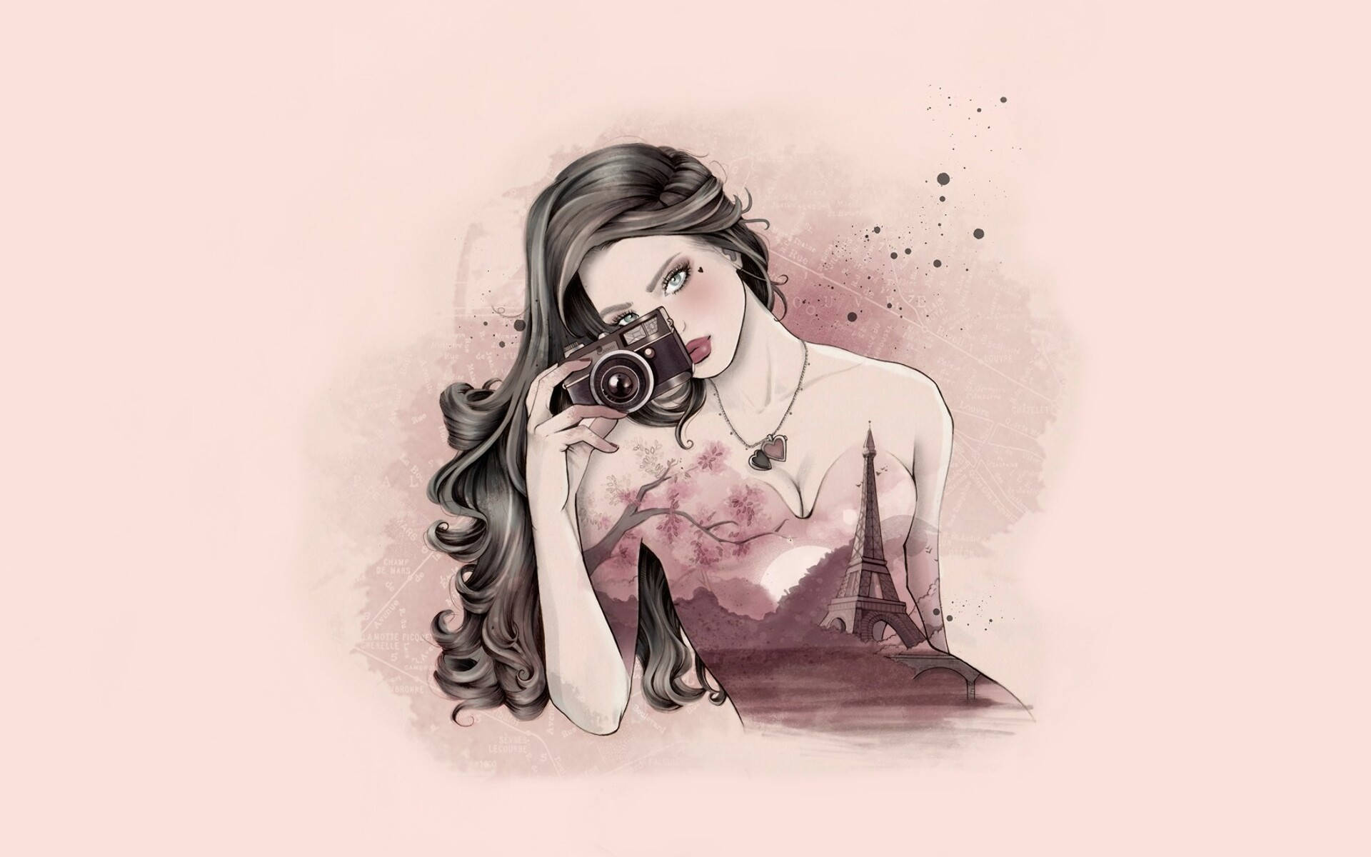手持相機的女性數位繪畫 壁紙 — 一位時尚的長髮深色女性手持復古相機，巴黎地標從她的胸前微妙浮現，背景是柔和的粉紅色。