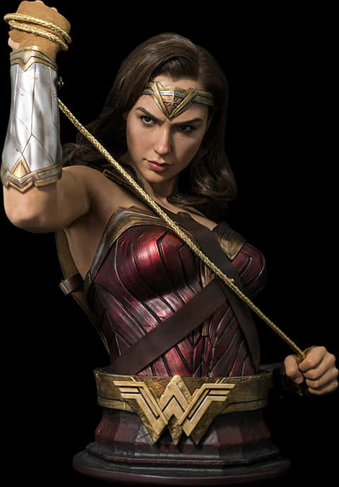 手持真言之索的神奇女俠 壁紙 — 一個詳細的 Wonder Woman 半身像，穿著她標誌性的紅金銀盔甲，手持套索，背景為黑色。
