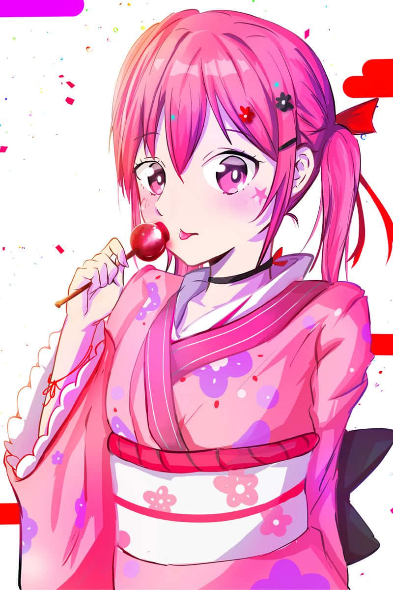 手持粉紅棒棒糖的動漫少女 壁紙 — 一個開心的動漫女孩，粉紅色頭髮和眼睛，穿著粉紅色和服，手持紅色棒棒糖，背景充滿節日氣氛。