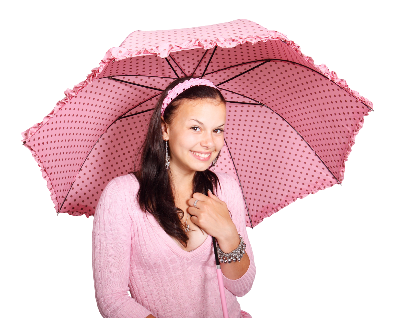 手持粉紅雨傘的微笑女孩 壁紙