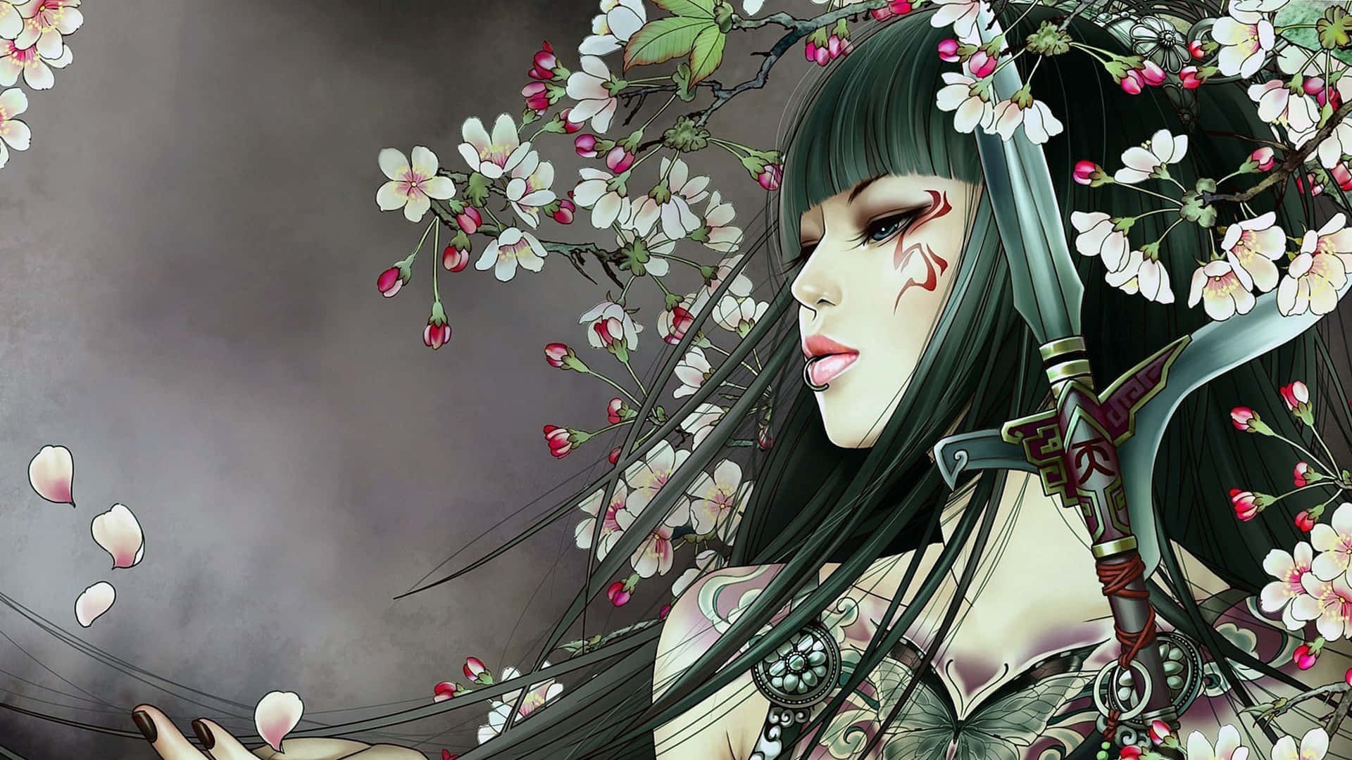 動漫女戰士，在神秘環境中手持櫻花和劍。
