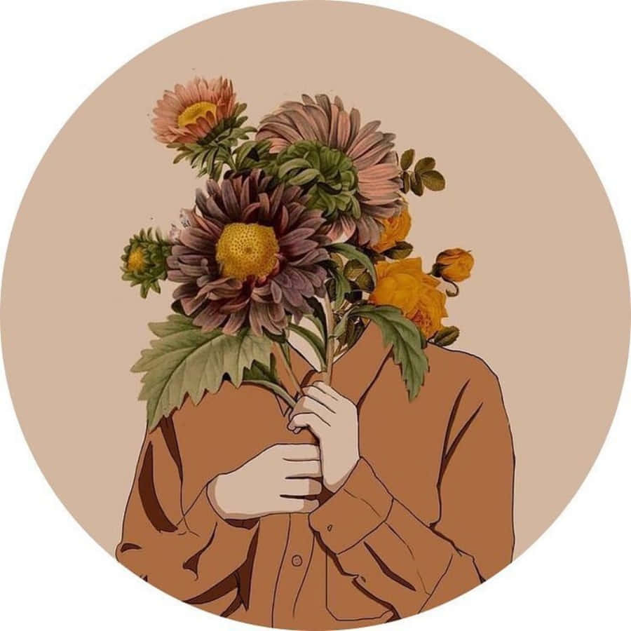 在圓形插圖中，一個人手持鮮花遮住臉。