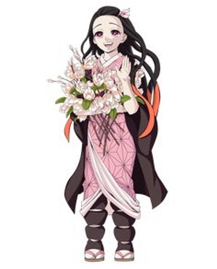 手持花束的鬼滅之刃禰豆子 壁紙 — 動漫女孩穿著粉紅色和服，手持白色花束，在純色背景上露出溫柔的微笑。