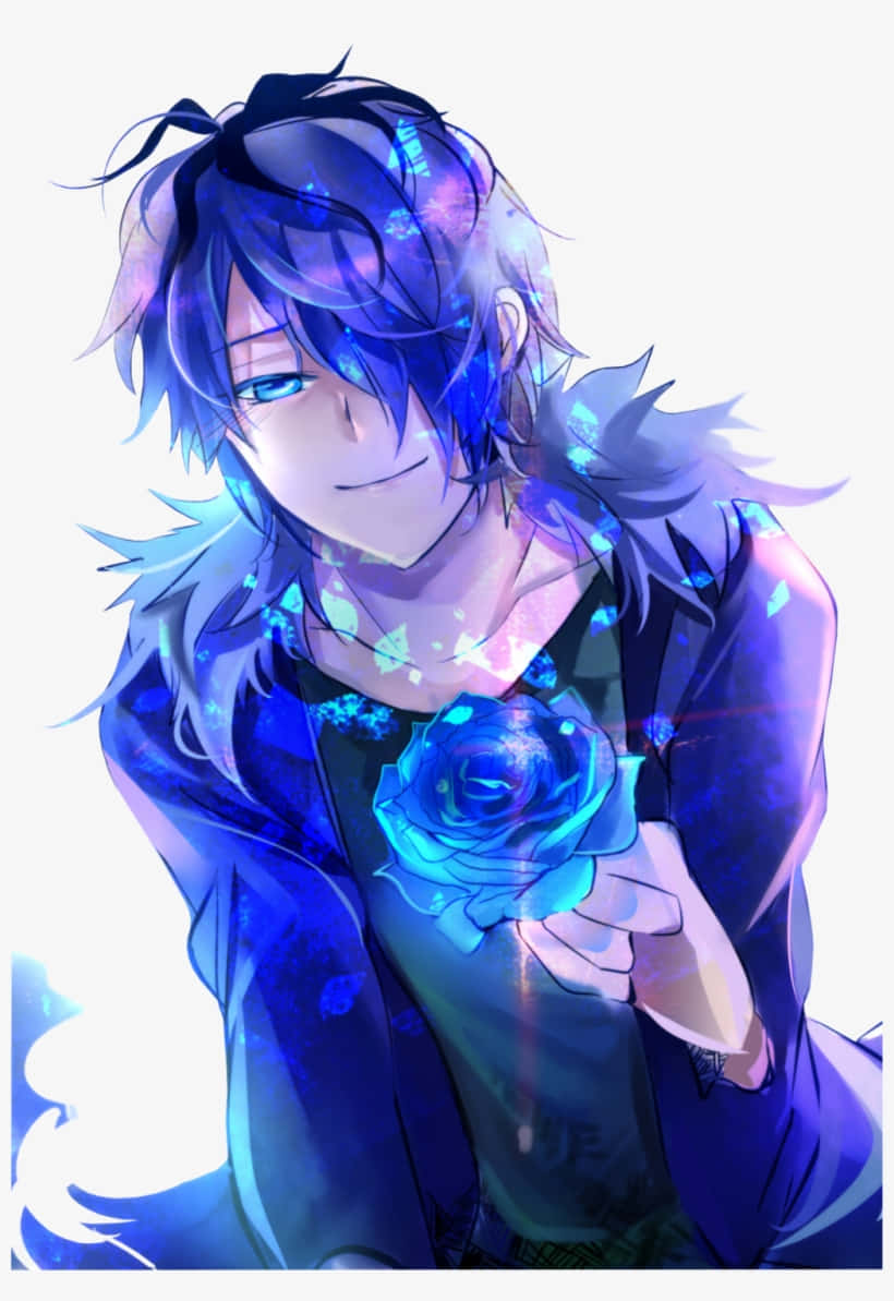 藍髮動漫男孩手持發光藍色玫瑰。
