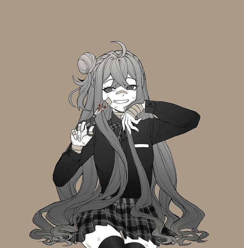 長著灰色長髮的動漫女孩，手持血淋淋的刀，咧嘴而笑。